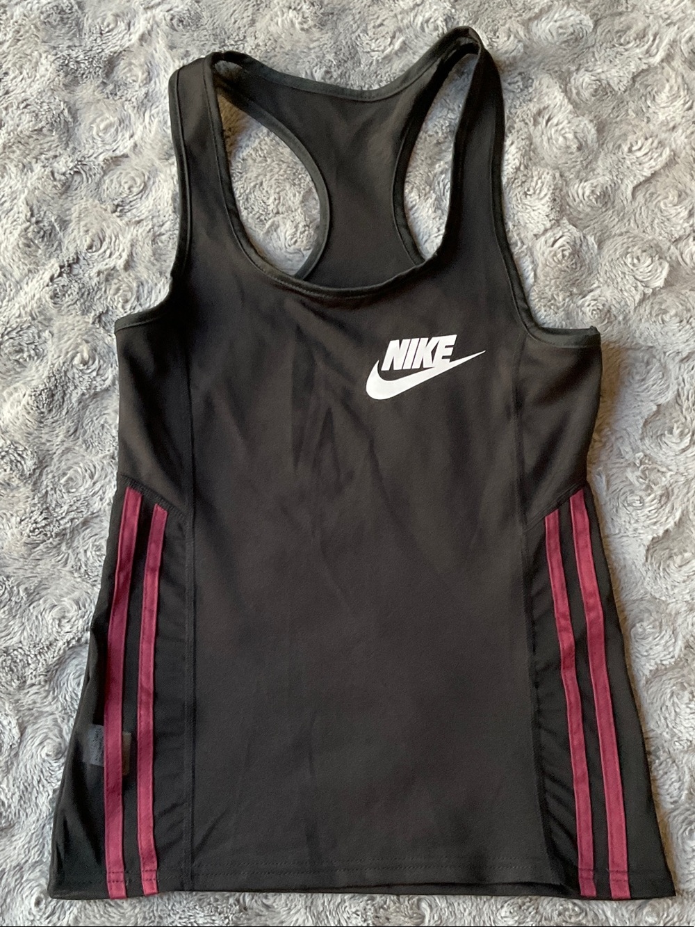 Nike Black One-Piece Racerback Swim Tank with Burgundy Side Stripes